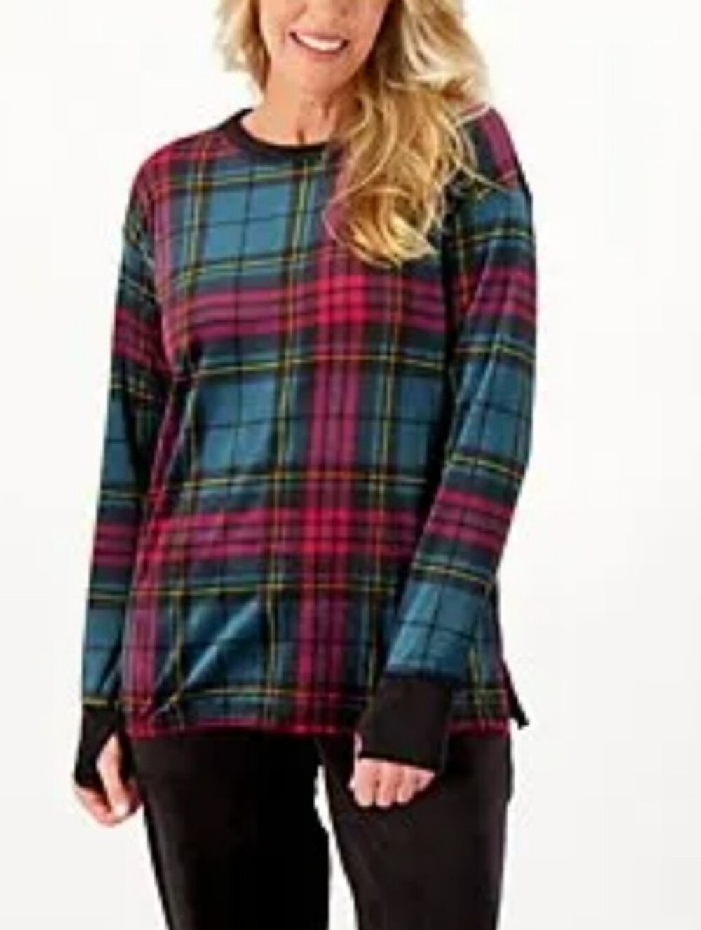 Cuddl Duds Green Black and Magenta Plaid Long-Sleeve Crewneck Velour